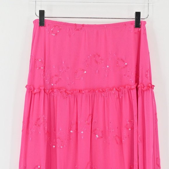 Vintage Y2k WHIZ Pink Midi Skirt Barbiecore Sequin Paisley Ruffle Womens Size L - Picture 3 of 9